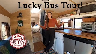 FULL SKOOLIE TOUR of the LUCKY BUS! | Conversion layout with tons of storage.