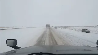 Accident in the snow, Wyoming, I-80, at 3:39