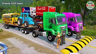 Double Flatbed Trailer Truck cars vs rails tractor vs train cars vs bollards Beamng Drive 307