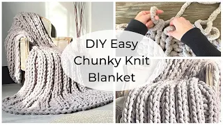 🧶 DIY Easy Chunky Knit Blanket | How to make a Chunky Blanket with hands | ASMR home decor 🪢