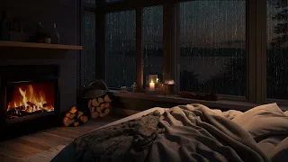 Immersing with Heavy Rain In Cozy Bedroom | Remedies For Uneasy Sleep With Heavy Rain And Fireplace