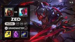 Zed vs Yone Mid - KR Grandmaster - Patch 14.8 Season 14