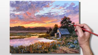 Acrylic Painting River Sunset Landscape