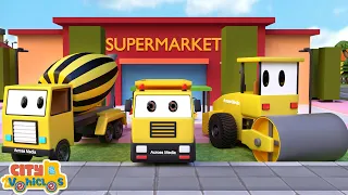 Construction vehicles build supermarket —excavator, wheel loader and driller truck for kids