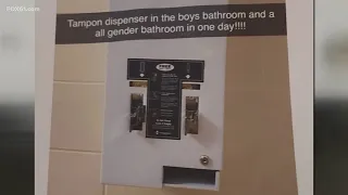 Tampon dispenser ripped from wall of boy's bathroom at Brookfield High School