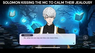 Obey Me! Nightbringer Solomon kissing the MC to calm the jealousy storm
