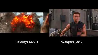 Clint Barton saves Kate Bishop in Hawkeye 2021 and Avengers 2012 compared side by side in sync