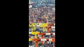 Aerial view of full IoT container terminal at China's Tianjin Port