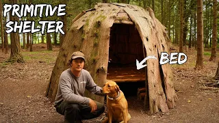 Primitive Bushcraft Shelter - Building a Wigwam Survival Bed using Hand Tools, at the woodland camp