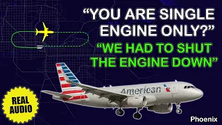 Single engine landing. PAN-PAN. American A319 lost oil in one engine at Phoenix. Real ATC