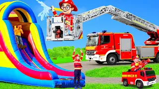 The Kids Play with Slides and Fire Trucks