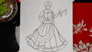 How to draw a traditional girl with dandiya dance | Indian girl drawing | navratri drawing dandiya