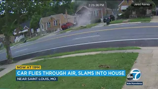 Video shows out-of-control car fly through air, slam into house