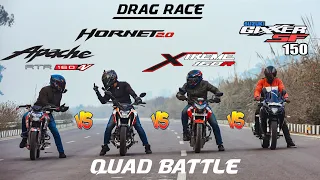 Honda Hornet 2.0 VS Apache RTR 160 4V VS Gixxer SF 150 VS Xtreme 160 R | Drag Race