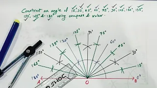 Construction of angles ll Construct an angle of 15,30,45,..,180 degree using compass #ncert #circle