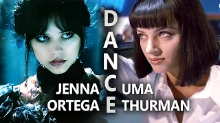 Dance Jenna Ortega and Uma Thurman. Wednesday VS Pulp Fiction. Addams &  Mia Wallace.