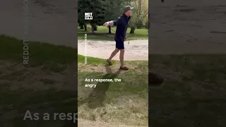 Male Karen walking dog against park staff doing maitenance