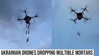 Ukrainian quadcopter drones, now capable of dropping multiple mortar bombs on Russian targets.