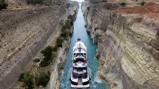 The 85.1m/ 279'2" superyacht Solandge taking the Corinth Canal