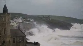 JUNE 2012 SUMMER STORM - 70mph gusts and heavy sea pound Porthleven, Cornwall