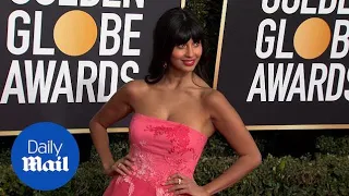 Pretty in Pink! Jameela Jamil strapless at 2019 Golden Globes