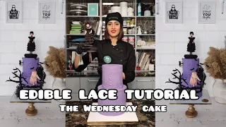 edible lace tutorial for the Wednesday cake