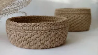 Crocheted jute basket without using a rope. Pattern number 1. Knitting from jute twine.