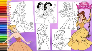 Coloring Disney Princess Cinderella Snow White Jasmine Belle Aurora Ariel  Coloring Book COMPILATION