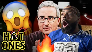 WOAH!! / First Time Reacting To John Oliver Fears For Humanity While Eating Spicy Wings | Hot Ones!!