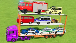 LOAD AND TRANSPORT OF COLORS..! POLİCE CAR FİRE TRUCK BY THREE-TRAİLER TRUCK-Farming Simulator 22