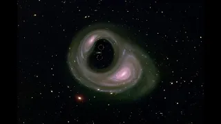 two black holes dancing in front of a galaxy