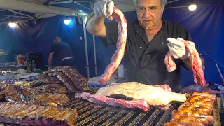 Beef and Big Sausages from Argentina, Huge Steaks Grilled. Italy Street Food