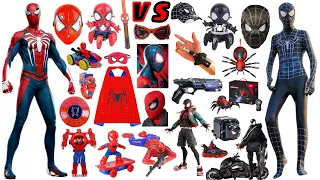 Red VS  Black Spider-man Toys Collection Unboxing Review-Cloak，Robots，Mask，gloves，pistol，Laser sword
