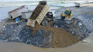 Nice Incredible Huge SHANTUI Dozer Push Stone to Water Making Long Road & Team Truck Unloading Stone