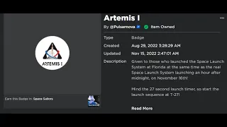 Roblox Space Sailors getting Artemis 1 badge