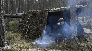 Bushcraft camping - natural shelter, spatula carving, chair and table making, cooking over fire