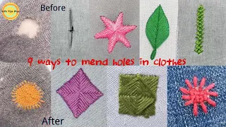 Nine Ways to Patch Holes in Clothes.Amazing Embroidery Stitches For Beginners /Guide to Sewing.