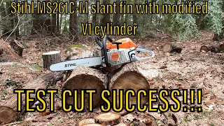 Stihl MS261C-M V2 (slant fin) with V1 piston and modified cylinder - test cuts!!!