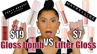 FENTY BEAUTY GLOSS BOMBS VS MAYBELLINE LIFTER LIP GLOSS + LIP SWATCHES | DUPE?? | MagdalineJanet