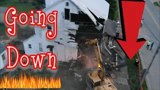 Tearing down large 3 story house after a fire with two excavators #demo 🔥