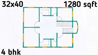 32x40 house plan ll 4 bhk house design ll 1280 sqft home plan