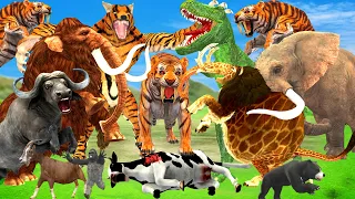 Giant Tiger wolf Attacks Dinosaur Save Cow Buffalo Gorilla Woolly Mammoth Elephant Vs Lion Tiger