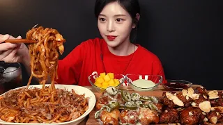 SUB)지지고 매운 누들볶음우동에 푸라닭 고추마요 블랙알리오 치킨 먹방! 꿀조합 리얼사운드 Chicken & Spicy Stir-Fried Noodles Mukbang Asmr