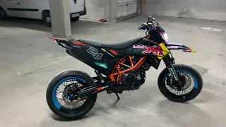 KTM 690 SMCR cold start FMF 4.1 Exhaust + Tekmo titanium header. Straightpipe!