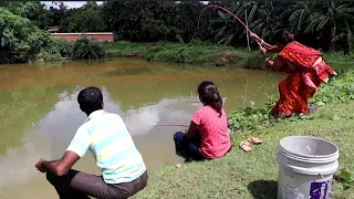 Fishing video || beautiful woman & man catch hook fishing 🎣 in village pond ||super hook trap