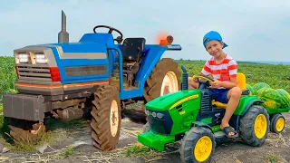 Damian and Darius ride on tractors and pick up giant watermelons - Funny stories for kids