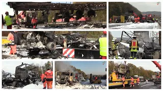 [Truck salvage after full fire] Burnt out articulated lorry on Autobahn Part 2 | recovery company