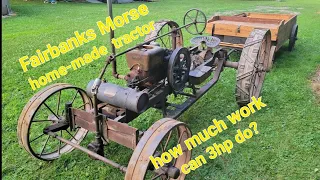 Homemade tractor: My homemade Fairbanks Morse tractor. Moving a loaded trailer around the yard.