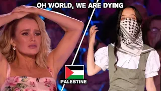 A girl from Palestine sings “Oh World, Where is Childhood” and the jury and audience cry