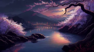 Japanese Lofi HipHop Mix. Beautiful night view of the river, sakura (Cherry blossoms) and mountains